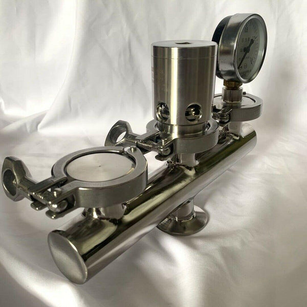 Pressure Relief Valve with Pressure Gauge For Distillation Boiler, from the side